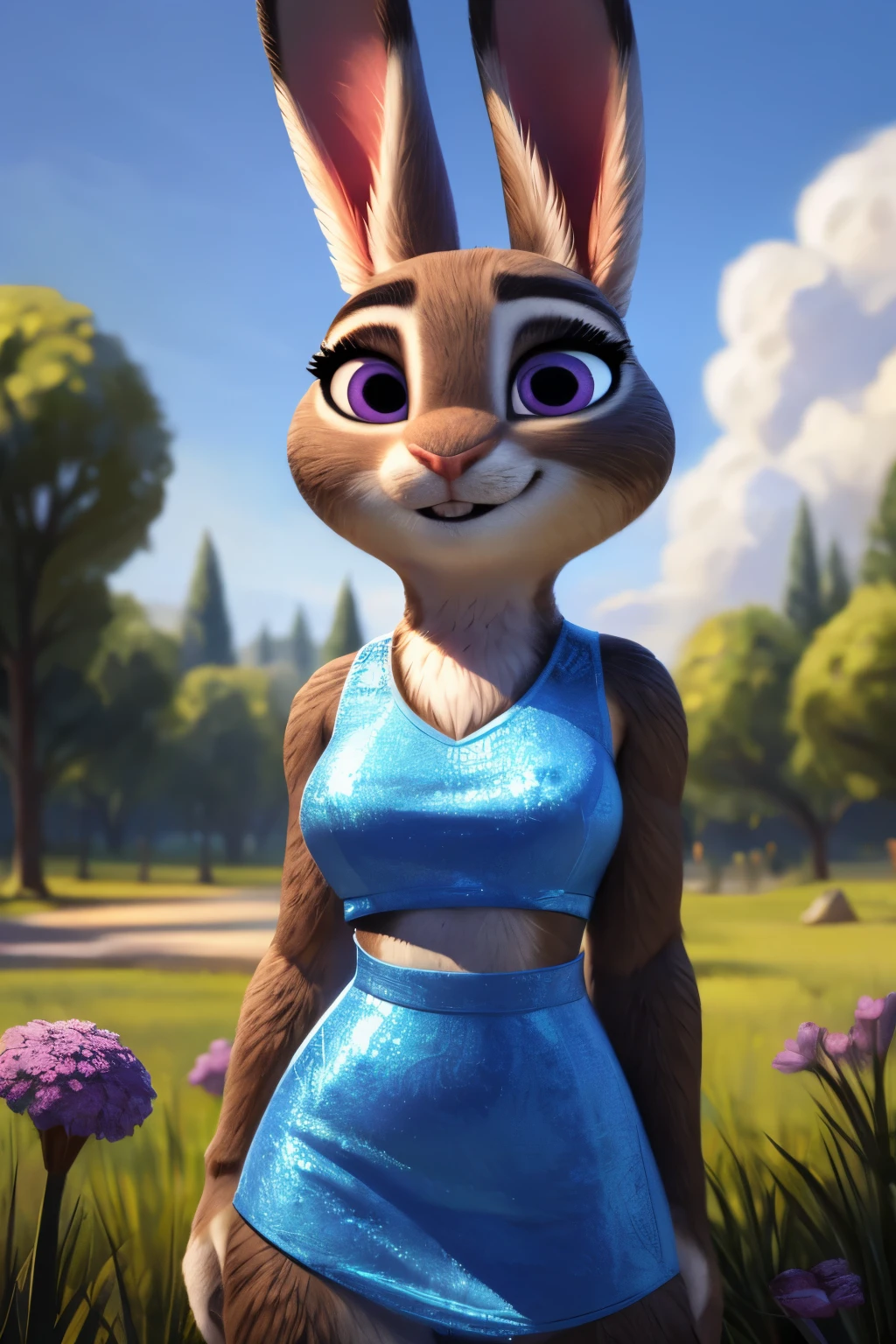 (by pixelsketcher:0.6), (by personalami :0.6), solo, female,rabbit, background, (cinematic lighting:1.1), (perfect focus:1.1), 8k hd, (detailed eyes:1.2),depth of field, bokeh, subsurface scattering, perfect breasts, wide ,((mini dress, crop top)),bright colors, (furry detail:1.3),detailed background, realistic, photorealistic, ultra realistic,in the park, natural landscape, trees, flowers, sky, clouds,realistic, photorealistic ,smile,(fluffy:1.3), furry, buff, (realistic fur:1.1), (extreme fur detail:1.2),((light brown fur)),(Black pupil, purple eyes,pixar style eyes),rabbit tail,3d pixar style,sexy legs