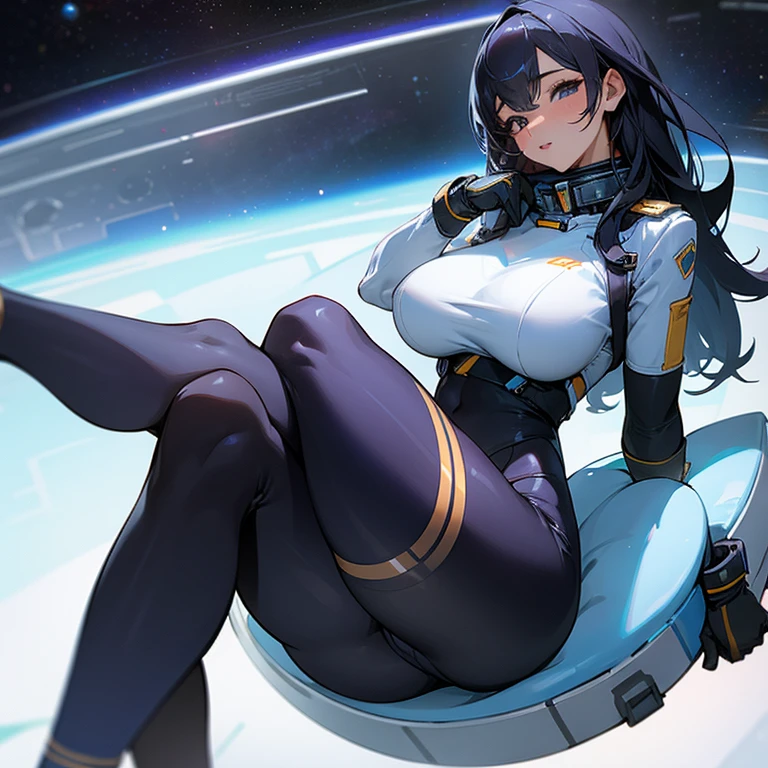 Sexy ass, tight tights, big breasts, facing viewer, sitting pose, huge thighs, sexy sit, space, space captain, sexy tights, sexy socks, up close