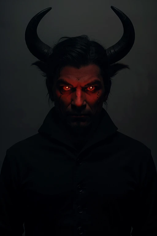 a man made of shadows with horns and red eyes in the fog