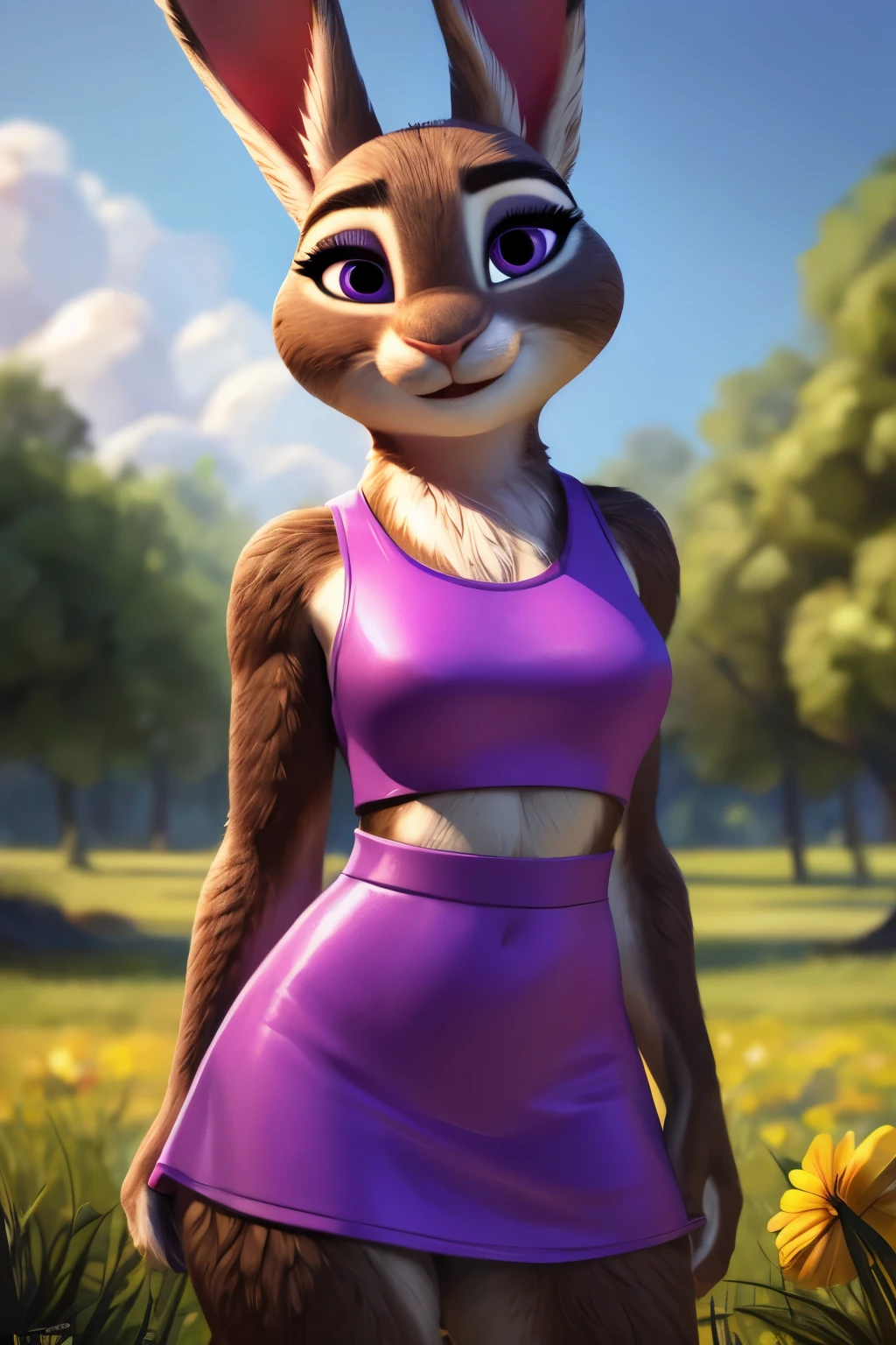 (by pixelsketcher:0.6), (by personalami :0.6), solo, female,rabbit, background, (cinematic lighting:1.1), (perfect focus:1.1), 8k hd, (detailed eyes:1.2),depth of field, bokeh, subsurface scattering, perfect breasts, wide ,((mini dress, crop top)),bright colors, (furry detail:1.3),detailed background, realistic, photorealistic, ultra realistic,in the park, natural landscape, trees, flowers, sky, clouds,realistic, photorealistic ,smile,(fluffy:1.3), furry, buff, (realistic fur:1.1), (extreme fur detail:1.2),((light brown fur)),(Black pupil, purple eyes,pixar style eyes),rabbit tail,3d pixar style,sexy legs