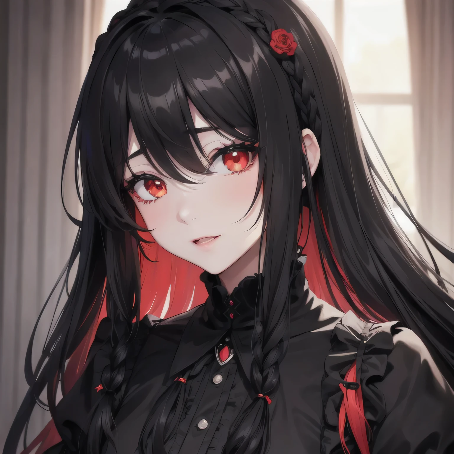 1 girl,Depp's Sense,confused,catch light,Super beautiful illustration,(black color,long hairstyles:1.6),dark dark eyeshadow,bright red lipstick,Gothic Lolita,;d,beautiful and delicate hair,delicate and detailed red eyes,red light effect,look around