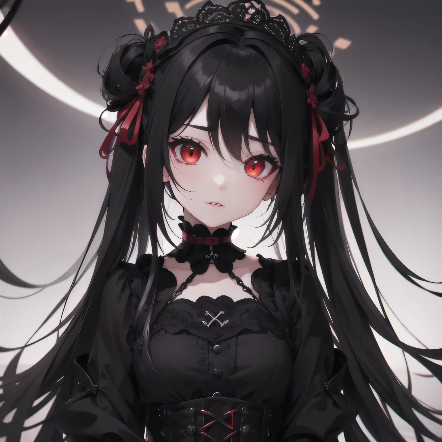 1 girl,Depp's Sense,confused,catch light,Super beautiful illustration,(black color,long hairstyles:1.6),dark dark eyeshadow,bright red lipstick,Gothic Lolita,;d,beautiful and delicate hair,delicate and detailed red eyes,red light effect,look around