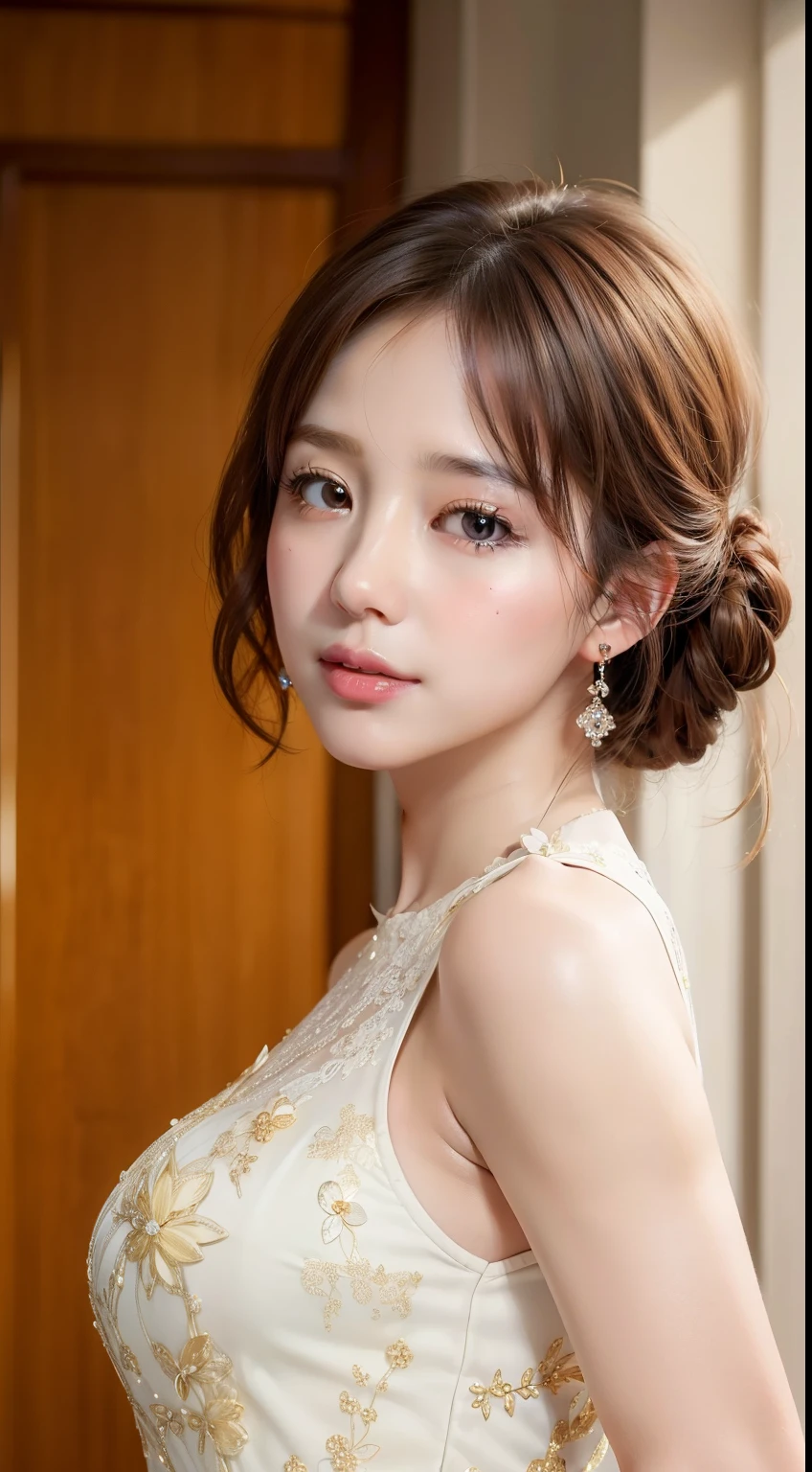 (​masterpiece, top-quality:1.3), 8K, RAW Photos, (realisitic, A hyper-realistic, Realistic:1.3), 超A high resolution, Intricate details, Ultra-fine, High quality textures, (ultra sharp image), highly detailed back ground, (1 Japan Idol, 21years old), Detailed and beautiful delicate face, Precise and beautiful delicate eyes and eyes, (very thin and delicate eyelashes that are not too long,,,,,,:1. 2), (Detailed and beautiful big eyes and detailed face),natural make up、Slender face、large full breasts、（Glossy skin、Realistic detailed skin）、（Brown Hair Medium Hair：1.5）、see the beholder、Clear Image