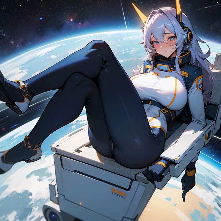 Sexy ass, tight tights, big breasts, facing viewer, sitting pose, huge thighs, sexy sit, space, space captain, sexy tights, sexy socks, blushing, sexy space captain, waifu, sexy sitting, spaceship environment, stars beautiful