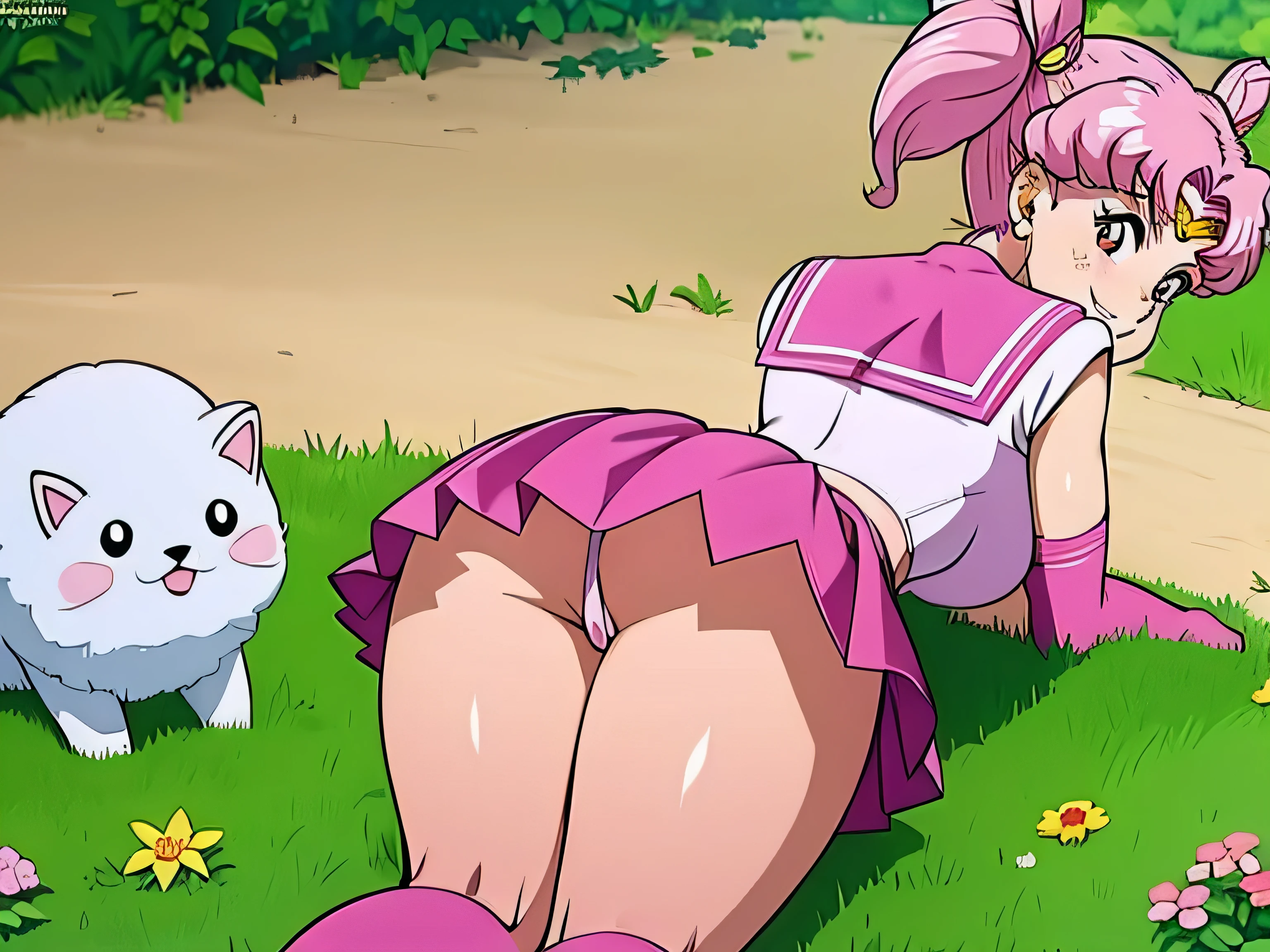 obra maestra, Mejor calidad, absurdos, perfect anatomy, 1 chica, Solo, SMMoon, 1990s \(Estilo\), Sailor Chibi Luna Cabello Rosa, agacharse para acariciar a un cachorro, Petting a small dog, Sonrisa, tiro de vaquero, Uniforme Sailor Senshi Rosa, Collar marinero rosa, falda plisada rosa, guantes de codo, en postura de espalda, Show off your loot, backward, No thong booty, cuerpo completo, bending down to pet en postura de espalda, Mirando hacia abajo a un cachorro