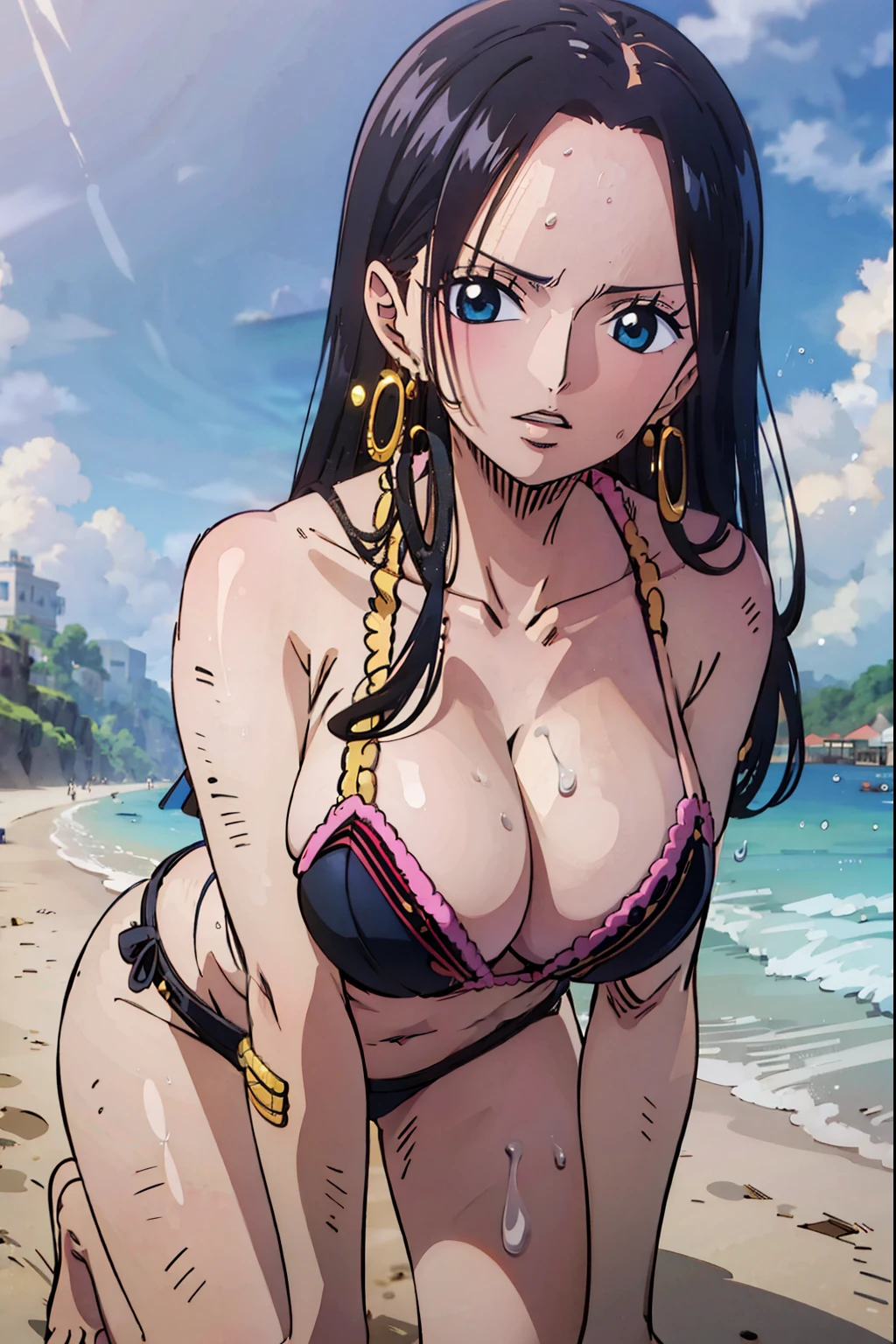 2d anime, woman, boa hancock, beach, long black hair, gold earrings, black bikini, , bending over, perfect body, sexy, fair skin, beautiful, masterpiece, best quality