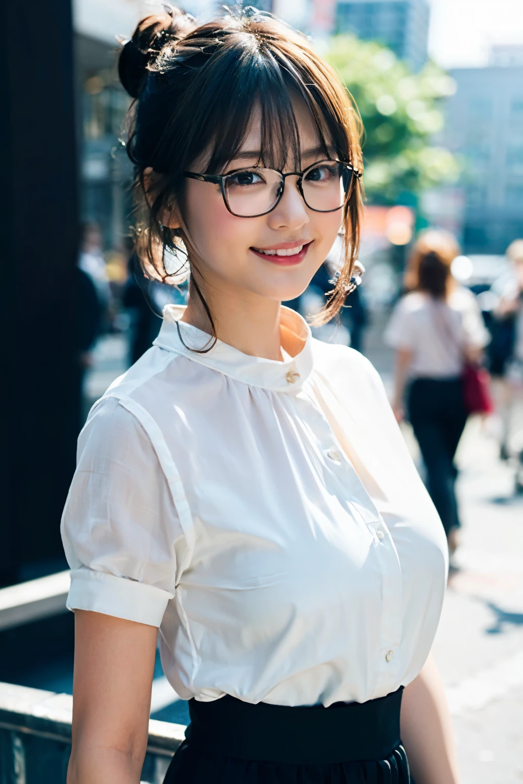 (8K、Raw photography、top-quality、masterpiece:1.2)、(realisitic、Photorealsitic:1.37)、ultra-detailliert、超A high resolution、女の子1人、see the beholder、beautifull detailed face、A smile、Constriction、(Slim waist) :1.3)、((White shirt clothes))、Beautiful detailed skin、Skin Texture、Floating hair、((Hair bunched into one))、large breasts with good shape、Professional Lighting、In front of the station at noon、((Black square glasses))、Whole human body、Brown hair、((On the phone))、