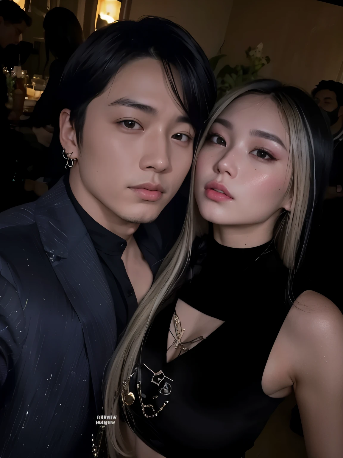 There are two people posing for a photo together at a party, arte digital. @mariomaniacdude, KDA e Sam Yang, cl, [ arte digital ]!!, #1 pintura digital de todos os tempos, # 1 pintura digital de todos os tempos, [ 4 k arte digital ]!!, inspirado em Yanjun Cheng, Celebridade