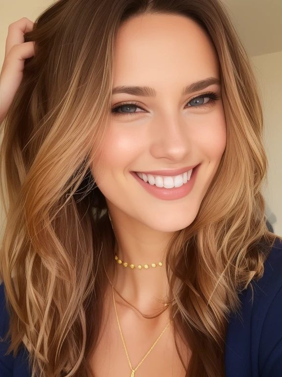 Un primer plano de una mujer con un collar y un collar en, laura lipton, hermosa y sonriente, 30 year old french woman, con gargantilla con detalles dorados, Sonrisa encantadora, sonrisa descarada con labios rojos, Malika Favre, mujer joven sonriente