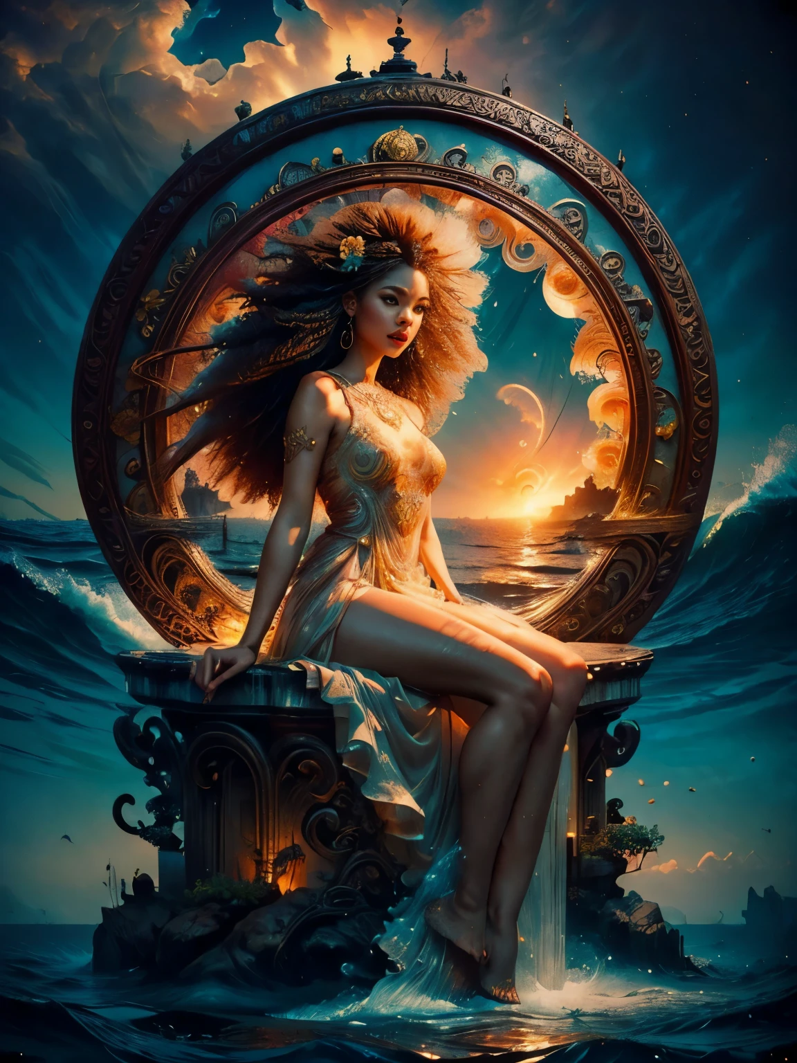 Textures: 1.5, orange: 1.1, white: 1.3, yellow: 1.3, (redhead woman), sexy, tattoos, (power puffer clothes: 1.2), 3d graffitti, abstract, lines, background circles, by Adam Hughes, art by Jay Anacleto,MASTERPIECE, Stunning, Spectator, reality, full body shot, black and brown hair, long afro styled hair, real water, bathing in river pond, extremely detailed art, blushing, water running down body, small breasts, open legs , sexual arousal, sexual expression, glowing skin, intricate, elegant and highly detailed digital photography, majestic and surreal painting, golden butterfly filigree, beautiful finely detailed eyes: 1.2), hdr, (masterpiece), best quality, expressive eyes looking out of the corner of your eye, perfect face, portrait of a beautiful goddess with afro hair, latin brown skin, intricate digital photography, elegant, highly detailed, majestic, (detailed background window to a new dimension, plants and flowers: 0.7) night sky with moon full, highly detailed face and body, cinematic lighting, photorealistic, 1 girl, 18 years old, dark brown eyes, big eyes, pink lips, bald pussy, well lit, beautiful and aesthetic: 1.2), (fractal art: 1.3), colorful , beautiful goddess emerging from the ocean, full female body, wild waves, big waves, oriental mandala tattoos, transparent dresses merged into sea, skin wet with water, stormy sky, sunset sky, red storm clouds, ancient temple floating in the sea, floating old clock, lamp, lantern, beautiful girl with a slight smile, forest, flowers and roses, visible vagina, pink vagina, no panties, ((sitting on a marble pedestal)), front view, magic, fantasy , Lord of the Rings world, waterfall, mandala and flower tattoos on naked body, toes submerged in water, mostly cloudy sky (very detailed CG unity 8K wallpaper), exposed breasts, naked girl, beautiful area pubic visible, wlop art style, nsfw 1.5, 8k, movie poster, roman columns of ancient temple, ancient temple flooded with water, floating ancient clock,