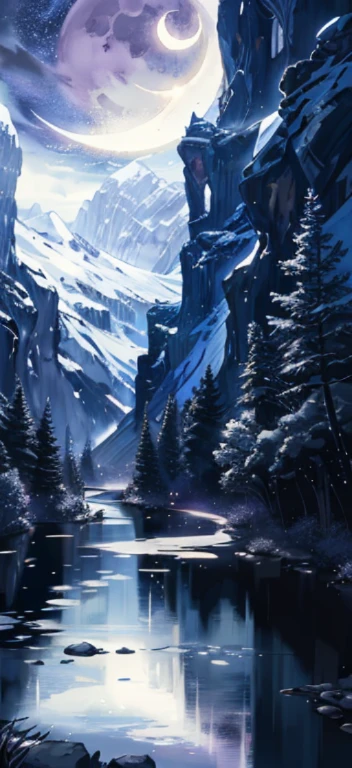 Painting of a river with stars and moon in the sky, concept art inspired by Tosa Mitsuoki, pixiv contest winner, fantasy art, beautiful anime scene, moonlight starry environment, painting of a dreamscape, anime background art, dream scenery art, Dreamy night, anime background, background artwork, dreamy art, atmospheric anime, starry sky