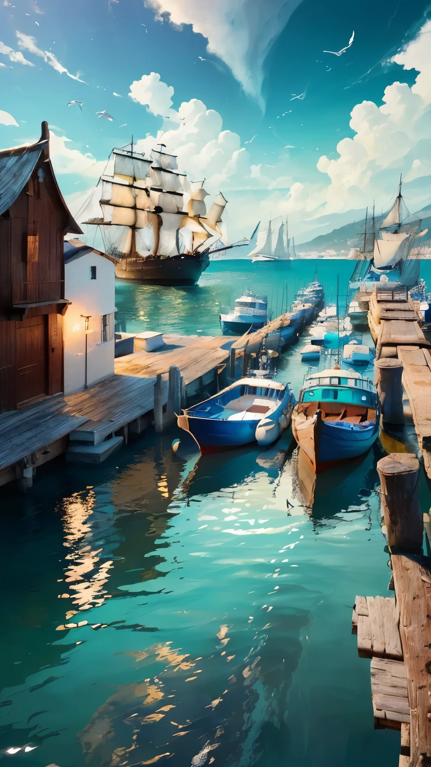 (Masterpiece of an old wooden port scene in the best quality, with a 4K or 8K resolution and high definition, meticulously detailed, photorealistic rendering, reminiscent of an oil painting; the port is bathed in daylight, the blue sea stretches out before it, the weathered wood of the buildings and boats shows the passage of time; seagulls majestically soar above, their white forms contrasting against the deep azure waters; fishing boats are moored at the pier, their sturdy wooden planks reflecting in the ripples on the water; the harbor is bustling with activity, the sound of the gentle breeze mingling with the faint