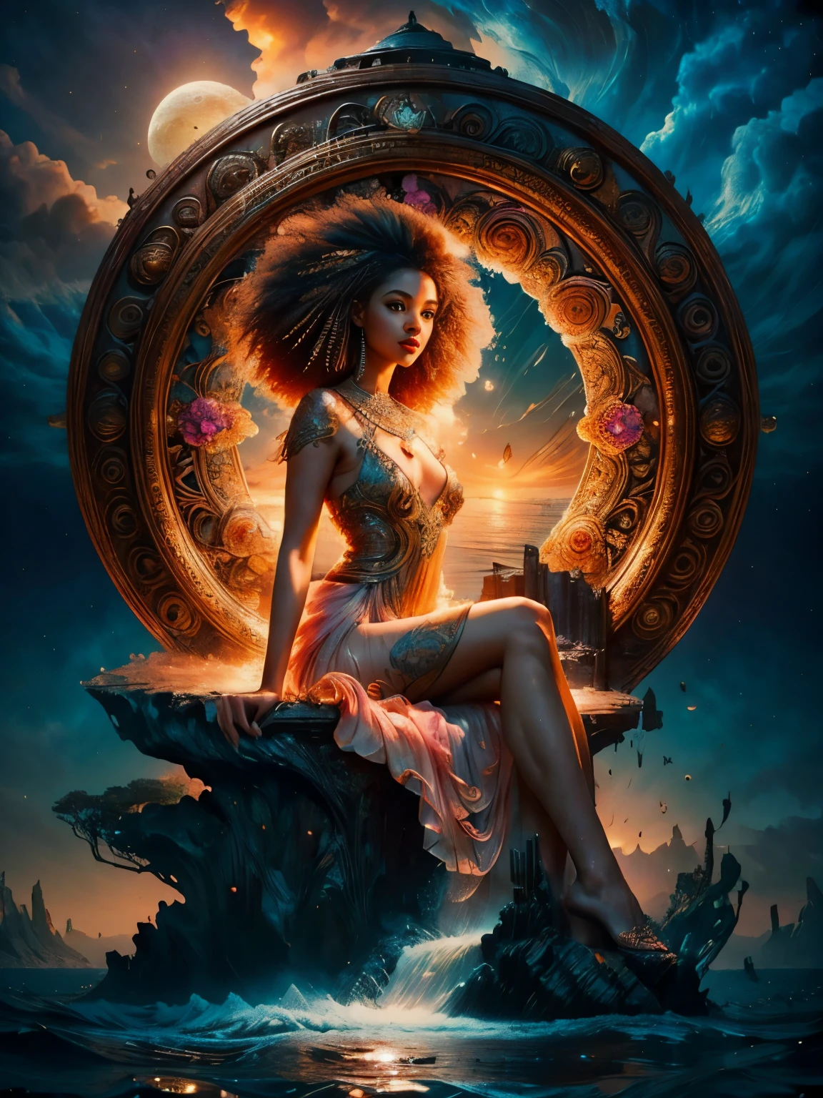 Textures: 1.5, orange: 1.1, white: 1.3, yellow: 1.3, (redhead woman), sexy, tattoos, (power puffer clothes: 1.2), 3d graffitti, abstract, lines, background circles, by Adam Hughes, art by Jay Anacleto,MASTERPIECE, Stunning, Spectator, reality, full body shot, black and brown hair, long afro styled hair, real water, bathing in river pond, extremely detailed art, blushing, water running down body, small breasts, open legs , sexual arousal, sexual expression, glowing skin, intricate, elegant and highly detailed digital photography, majestic and surreal painting, golden butterfly filigree, beautiful finely detailed eyes: 1.2), hdr, (masterpiece), best quality, expressive eyes looking out of the corner of your eye, perfect face, portrait of a beautiful goddess with afro hair, latin brown skin, intricate digital photography, elegant, highly detailed, majestic, (detailed background window to a new dimension, plants and flowers: 0.7) night sky with moon full, highly detailed face and body, cinematic lighting, photorealistic, 1 girl, 18 years old, dark brown eyes, big eyes, pink lips, bald pussy, well lit, beautiful and aesthetic: 1.2), (fractal art: 1.3), colorful , beautiful goddess emerging from the ocean, full female body, wild waves, big waves, oriental mandala tattoos, transparent dresses merged into sea, skin wet with water, stormy sky, sunset sky, red storm clouds, ancient temple floating in the sea, floating old clock, lamp, lantern, beautiful girl with a slight smile, forest, flowers and roses, visible vagina, pink vagina, no panties, ((sitting on a marble pedestal)), front view, magic, fantasy , Lord of the Rings world, waterfall, mandala and flower tattoos on naked body, toes submerged in water, mostly cloudy sky (very detailed CG unity 8K wallpaper), exposed breasts, naked girl, beautiful area pubic visible, wlop art style, nsfw 1.5, 8k, movie poster, roman columns of ancient temple, ancient temple flooded with water, floating ancient clock,