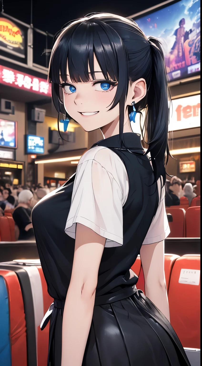最high quality、best image quality、masterpiece、with a girl((18-year-old、vest bust、big breasts、Bust 95,beautiful blue eyes、wide open chest,Black Short Sleeve T-Shirt、White see-through、black short skirt、black hair ponytail、grin and laugh、Fashionable bags、Beautiful blue earrings))high quality、beautiful art、With background((fashionable town、movie theatre)),table top、elaborate design、visual art、Depth of bounds written、best lighting、most detailed、