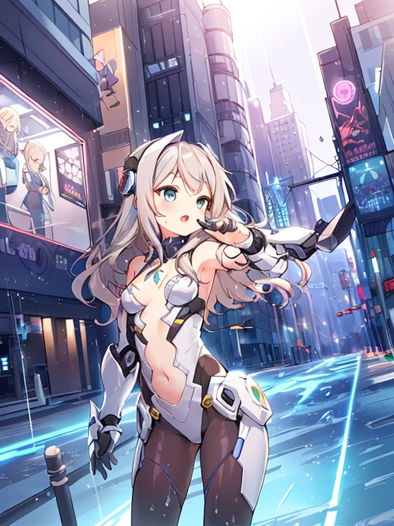 ((masterpiece:1.4、highest quality))+、(super detailed)+、
1 girl、cyberpunk city、flat chest、headphone、wavy hair、mecha clothes、(robot girl)、Cool move、Silver Bodysuit、colorful background、Wet day、(lightning effect)、Silver Dragon Armor、(cold face)、cowboy shot、pretty girl