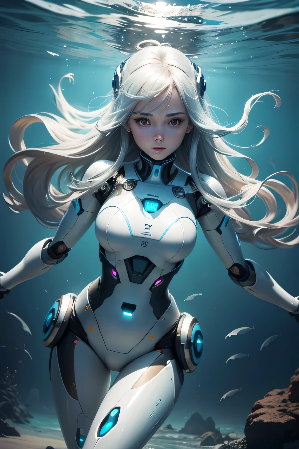 A female robot active on the ocean floor Body design reminiscent of a swimsuit move in the sea