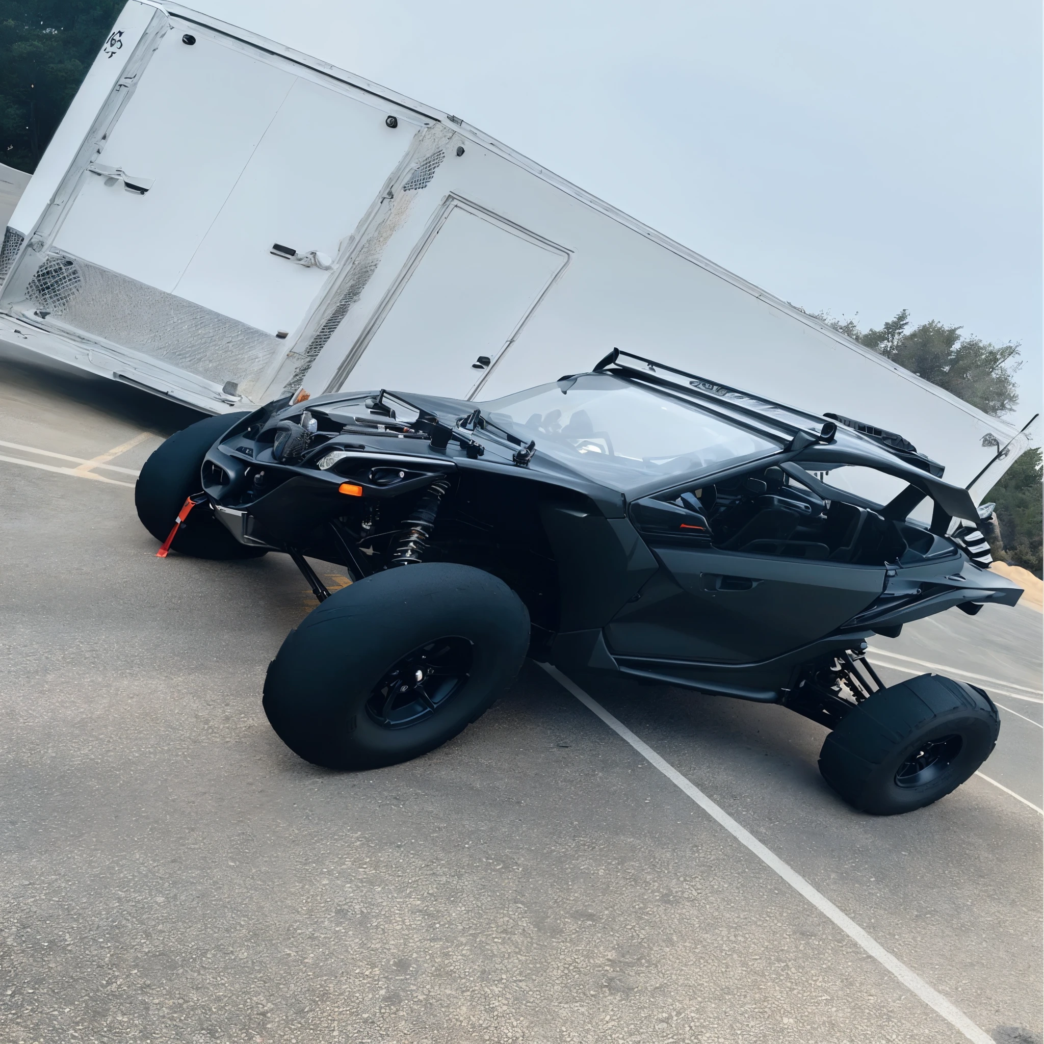 a close up of a black vehicle parked in a parking lot, buggy, tesla dune buggy, full view of a car, long front end, octane], octane 1 2 8 k, new vehicle, octane 8, front shot, smooth in _ the background, with octane, front side views full, by Ivan Trush, 2 0 2 2, 2022
