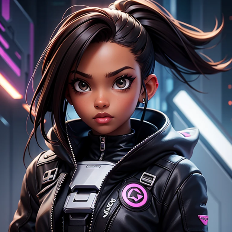 Cyber punk girl with black skin and dark brown hair