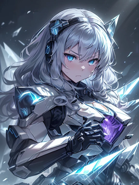 最high quality、best image quality、masterpiece、with a girl((black and white mecha suit、Glowing mech suit、18-year-old、ager、cute、vest bust、big bust,Beautiful shining purple eyes、wide open chest, messy silver hair、long hair、Slender,big valley、belligerent movements,sharp nails、he has a long knife in his right hand.、he has a short knife in his left hand.、headphone、fighting pose、serious face、splatters、Feeling of sprinting)),high quality、beautiful art、With background((Midwinter world、Oyuki、Snow blows、crystal tower)))、,table top、Depth of bounds written,cinematic style
