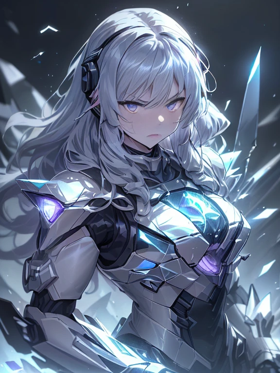 最high quality、best image quality、masterpiece、with a girl((black and white mecha suit、Glowing mech suit、18-year-old、teenager、cute、vest bust、big bust,Beautiful shining purple eyes、wide open chest, messy silver hair、long hair、Slender,big valley、belligerent movements,sharp nails、he has a long knife in his right hand.、he has a short knife in his left hand.、headphone、fighting pose、serious face、splatters、Feeling of sprinting)),high quality、beautiful art、With background((Midwinter world、Oyuki、Snow blows、crystal tower)))、,table top、Depth of bounds written,cinematic style