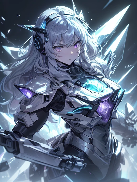 最high quality、best image quality、masterpiece、with a girl((black and white mecha suit、Glowing mech suit、18-year-old、ager、cute、vest bust、big bust,Beautiful shining purple eyes、wide open chest, messy silver hair、long hair、Slender,big valley、belligerent movements,sharp nails、he has a long knife in his right hand.、he has a short knife in his left hand.、headphone、fighting pose、serious face、splatters、Feeling of sprinting)),high quality、beautiful art、With background((Midwinter world、Oyuki、Snow blows、crystal tower)))、,table top、Depth of bounds written,cinematic style