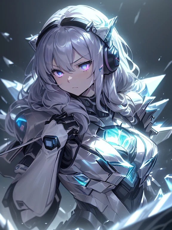 最high quality、best image quality、masterpiece、with a girl((black and white mecha suit、Glowing mech suit、18-year-old、ager、cute、vest bust、big bust,Beautiful shining purple eyes、wide open chest, messy silver hair、long hair、Slender,big valley、belligerent movements,sharp nails、he has a long knife in his right hand.、he has a short knife in his left hand.、headphone、fighting pose、serious face、splatters、Feeling of sprinting)),high quality、beautiful art、With background((Midwinter world、Oyuki、Snow blows、crystal tower)))、,table top、Depth of bounds written,cinematic style
