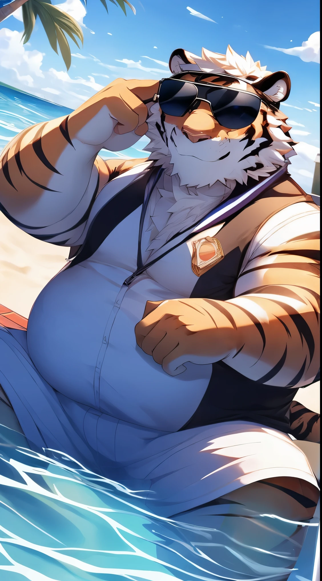 Anthropomorphic white tiger,male,,thick eyebrows,Black stripes,hairy body,Chubby body,(Sunglasses hanging on the head without covering the eyes),Wear a white vest,barefoot,white shorts,Sitting by the pool,beach,Smile,looking towards the viewer,Lovely,alone,side angle,close up,(Different pupils:1.2),Normal hands,Perfect details,masterpiece,HD,8k,Clear eyes