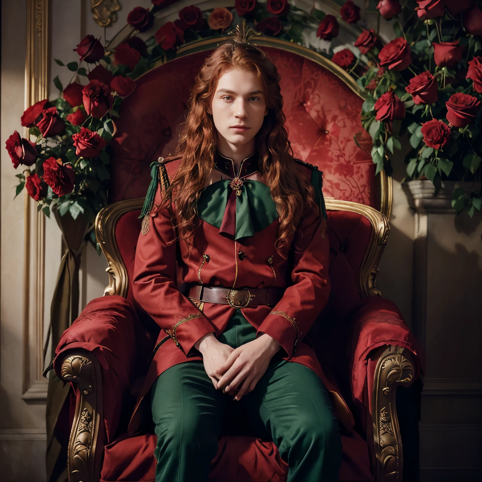 Photorealistic image of a young Londoner man with very pale skin and tousled semi-wavy red hair sitting on a (throne made of  red roses) in attractive pose, 23 years old, green eyes, elegant fantasy clothing, fantasy art, prince, attractive, realistic, intricate details, 8k, shadows, mistery, cinematic