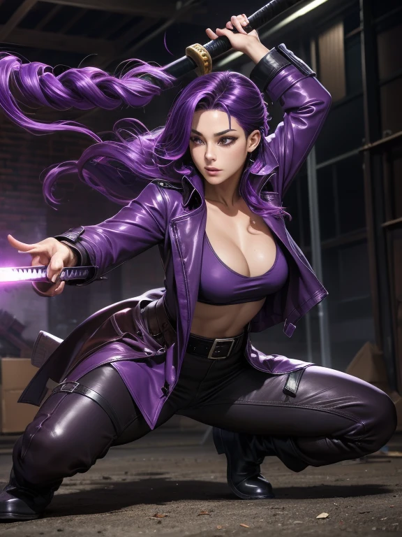 Beautiful Venus with wavy purple hair purple leather trench coat black t-shirt black leather pants boots samurai katana in attack position in abandoned warehouse 