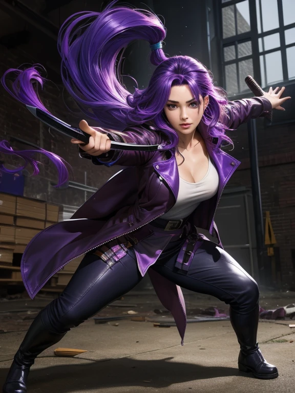 Beautiful Venus with wavy purple hair purple leather trench coat black t-shirt black leather pants boots samurai katana in attack position in abandoned warehouse 