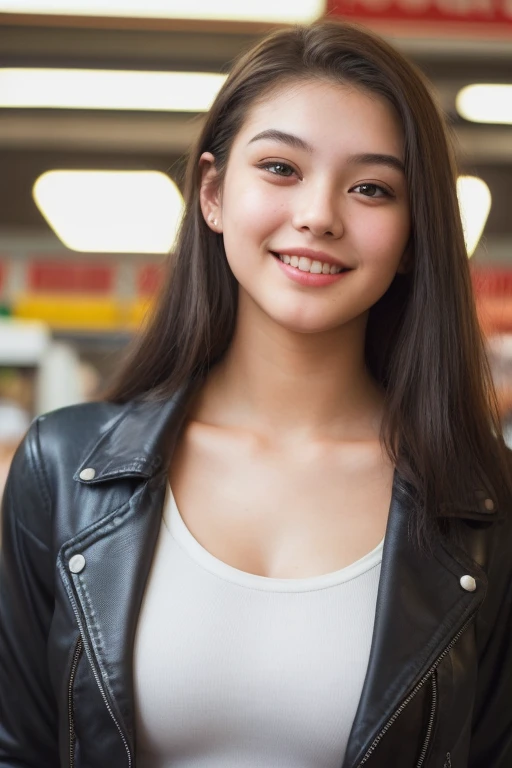 ( editorial photograph of a 21 year old woman), (highly detailed face:1.4) (smile:0.7) (background inside light, warm, private study:1.3) POV, nikon d850, film stock photograph ,4 kodak portra 400 ,camera f1.6 lens ,rich colors ,hyper realistic ,lifelike texture, dramatic lighting , cinestill 800, showing full realistic upper body infront of camera in market wearing black leather jacket