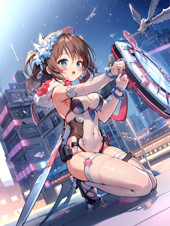 extreme detail,masterpiece,future city,with a girl (Energy Shield):1.3,Tight Fit Bodysuit,protect yourself from danger,use a shield in battle,Futuristic buildings,flying car,the shield becomes brighter,repel the invaders