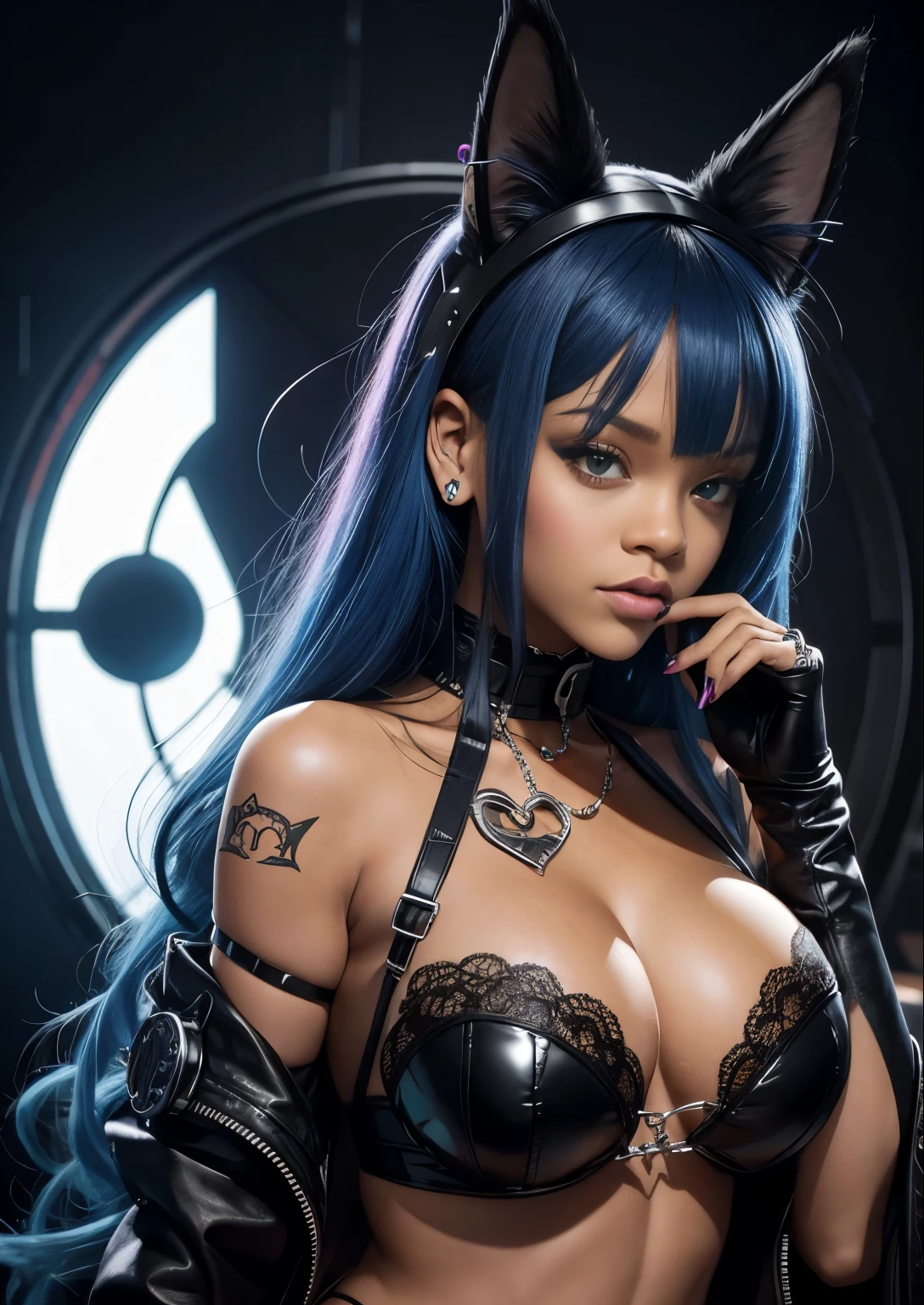 (Rihanna), woman with blue hair and black ears and a cat ears, beautiful young catgirl, wearing cybernetic bunny ears, portrait of a goth catgirl, very beautiful cute catgirl, girl with cat ears, headshot of young female furry, attractive cat girl, 1 8- year - old goth girl, portrait of jinx from arcane, full body capture, sony pro