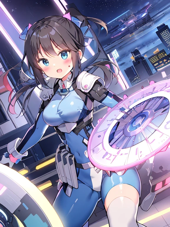 extreme detail,masterpiece,future city,with a girl (Energy Shield):1.3,Tight Fit Bodysuit,protect yourself from danger,use a shield in battle,Futuristic buildings,flying car,the shield becomes brighter,repel the invaders