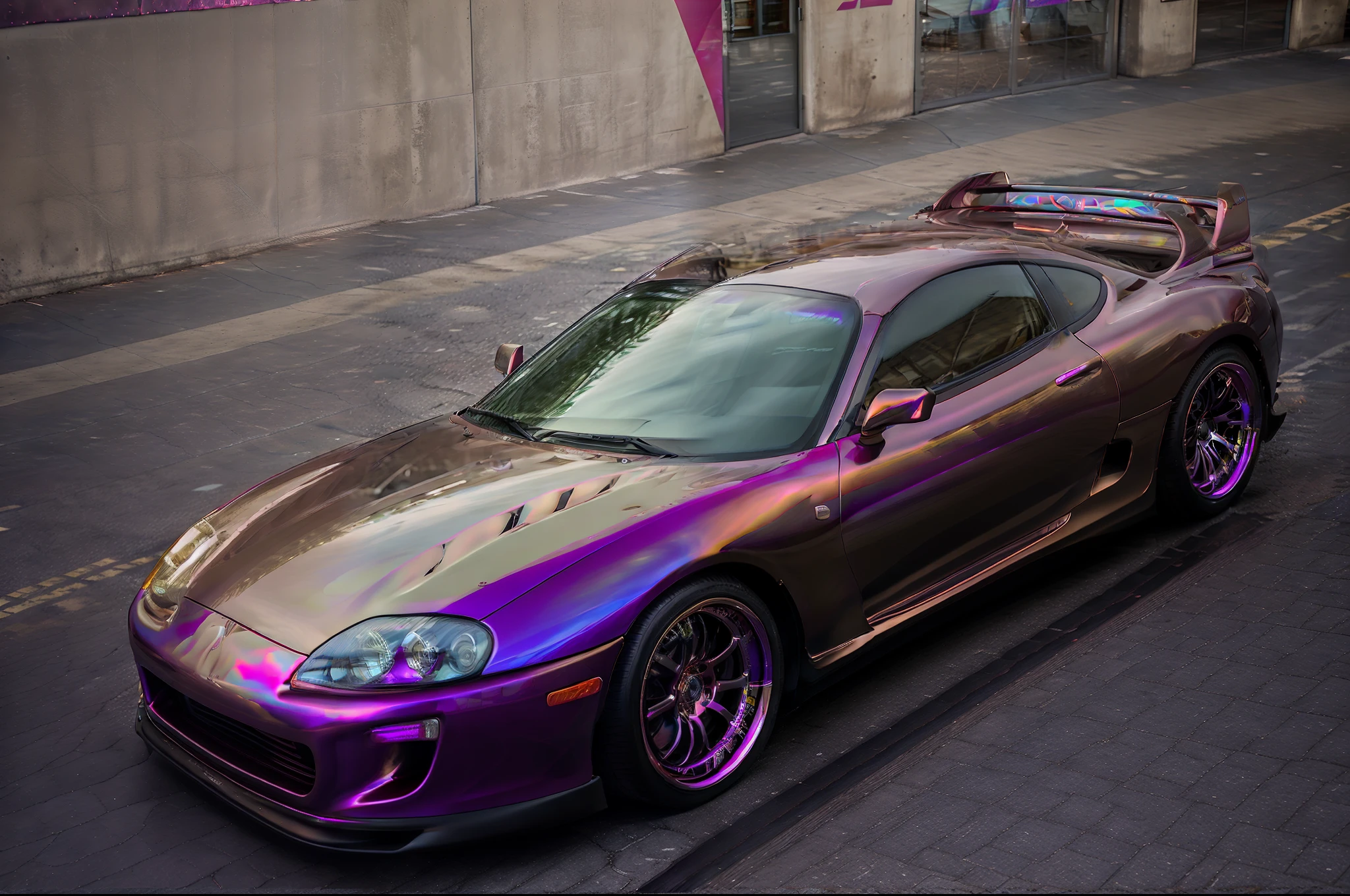 a close up of a car with a colorful paint job on it, brushed rose gold car paint, car with holographic paint, anime car wrap, hyper colorful, gtr xu1, neochrome colors, brilliantly colored, samurai vinyl wrap, iridescent, futuristic but colorful shading, stunning gradient colors, wide body, vibrant iridescent, realistic paint job, nice colors
