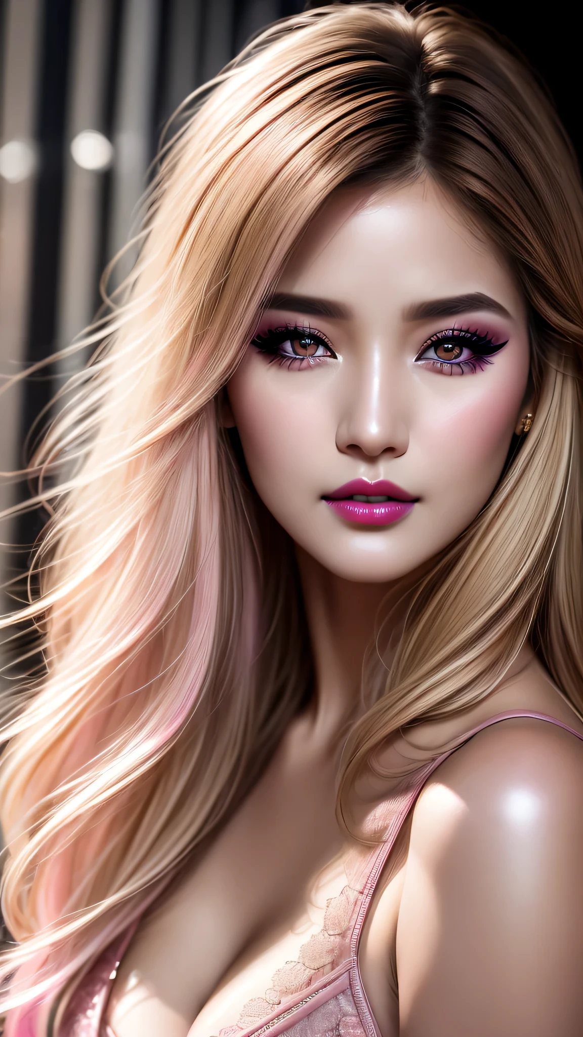 Ultra-realistic、 ultra-detailed primetime portraits、 最high quality、 8K、highest level、 The ultra -The high-definition)、(Super beautiful)、(beautiful face:1.5)、(detailed face:1.5)、(detailed eyes:1.2)、(detailed lip:1.2)、(Detailed nose:1.2)、((cleavage:1.2))、1girl:1.4 22years old、fashion supermodel、real:1.75、photorealistic:1.75、(very delicate and beautiful、fine details:1.3)、masterpiece、 最high quality、 (high quality)、 (absurdres)、 (sharp fous)、(Glamour, paparazzi taking pictures of her)、 blonde:1.3 (medium hair、extremely detailed)、 contrast、 (dark shot:1.17)、 Long 2blue_eyelashes:1.25、 (dark_eyeshadows:1.3)、 red_lipstick:1.45、((perfect round eyes))、 ((brown_eyes:1.4))、 (dark_pink_makeup:1.26)、(matte skin:1.3)、 ((upper body shot))