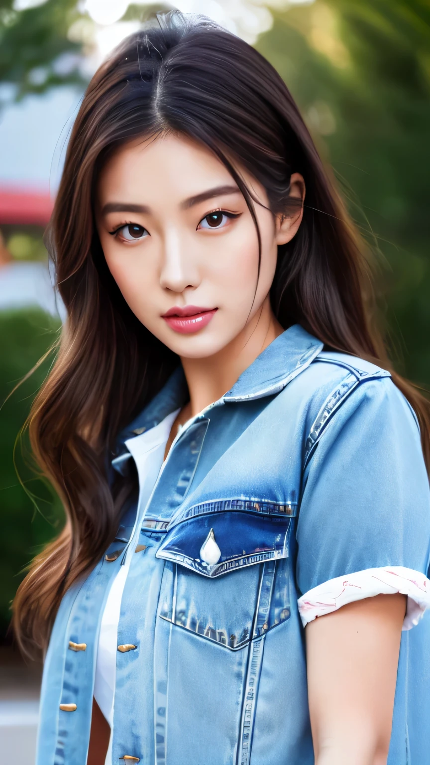 Hyper-Realism, (Photorealsitic:1.4), 8K, maximum resolution, (​masterpiece), highly detailed, best quality, Refined face, Japanese beautiful woman, detailed beautiful eyes and lip, beautiful face, 25yo, (full body:1.3), (whole body:1.3), Denim jacket and shorts,  physique, ponytail, refreshing expression