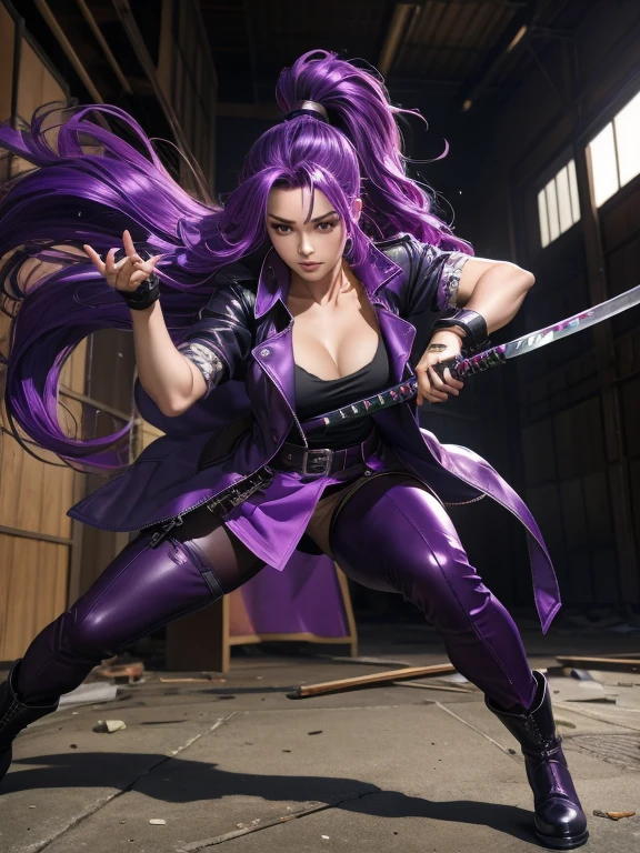 Beautiful Venus with wavy purple hair purple leather trench coat black t-shirt black leather pants boots katana samurai in attack position in abandoned warehouse with purple dragon coming out behind her 