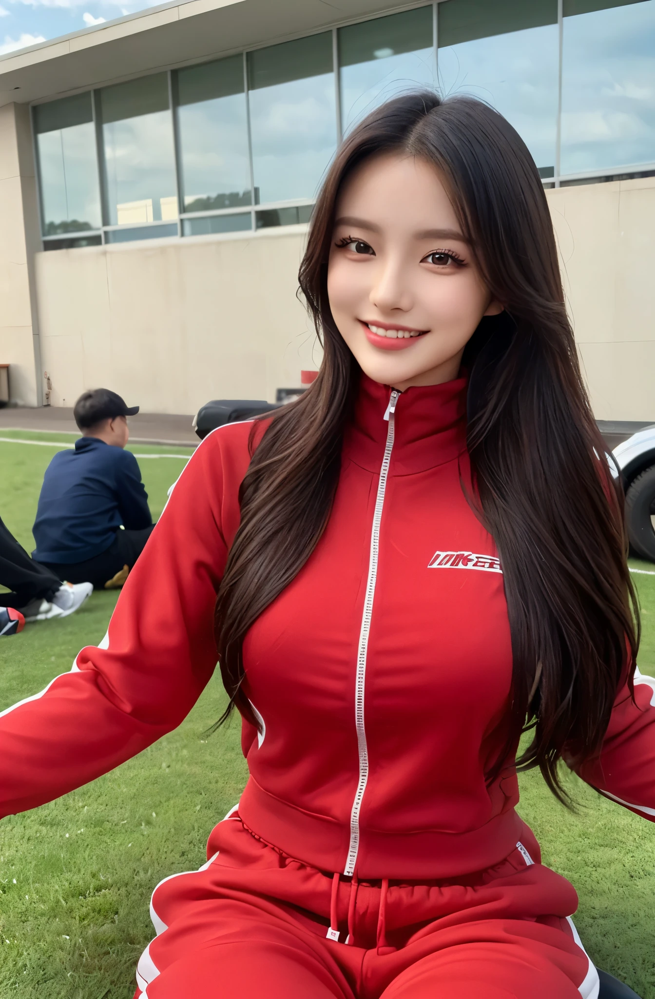 (masterpiece:1.5)、(highest quality:1.5)、(8K:1.3)、(realistic:1.3)、(Super detailed:1.3)、(ultra high resolution:1.3)、(Detailed and clean skin:1.2)、(highly detailed eyes:1.2)、school playground、(on the lawn)、(sitting:1.2)、20-year-old、(black high ponytail:1.2)、(beautiful eyeliner)、(beautiful eyeshadow)、natural color lip、medium beautiful bust、slender body shape、(tight red high neck tracksuit:1.3)、(Sparkling smile:1.2)、seen from the front、full body portrait、beautiful legs