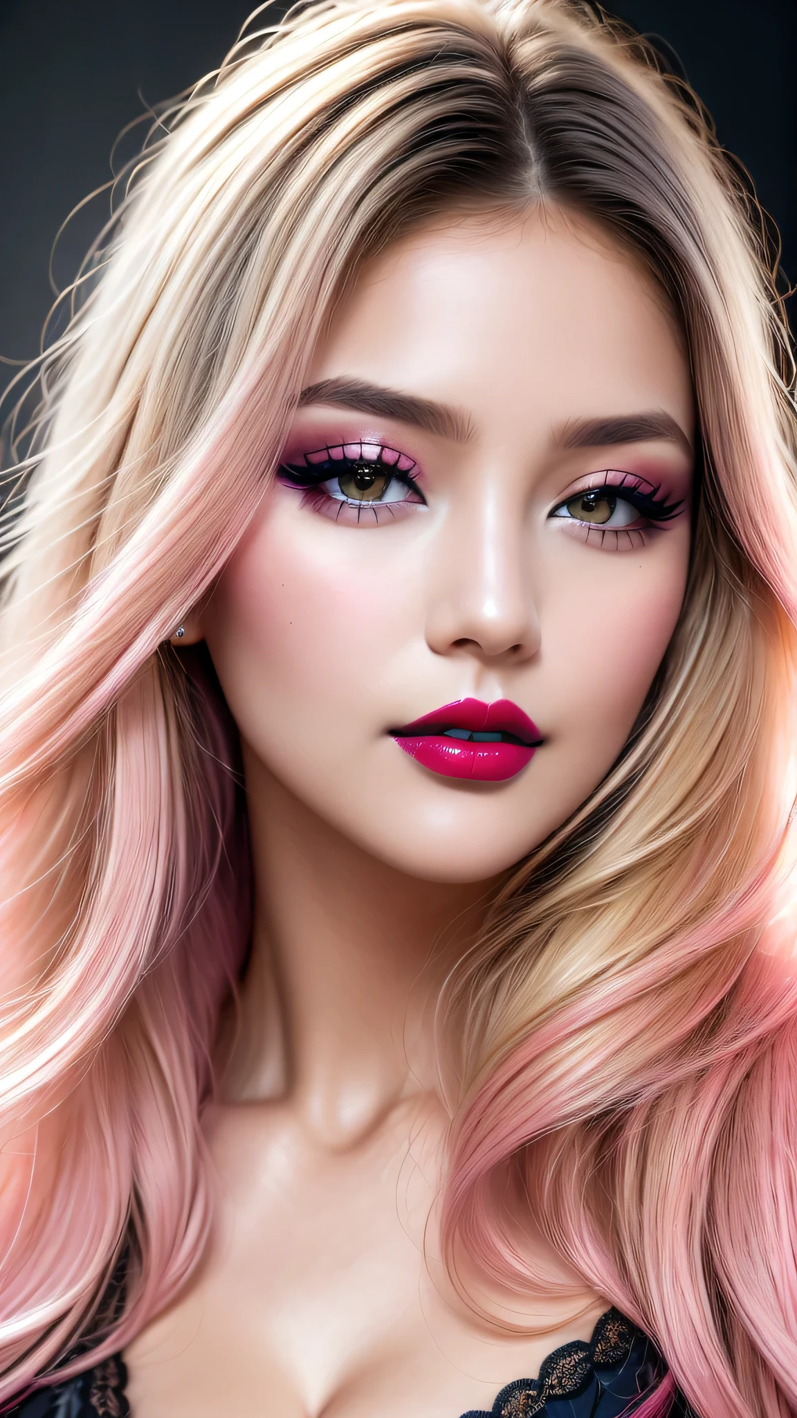 Ultra-realistic、 ultra-detailed primetime portraits、 最high quality、 8K、highest level、 The ultra -The high-definition)、(Super beautiful)、(beautiful face:1.5)、(detailed face:1.5)、(detailed eyes:1.2)、(detailed lip:1.2)、(Detailed nose:1.2)、((cleavage:1.2))、1girl:1.4 22years old、fashion supermodel、real:1.75、photorealistic:1.75、(very delicate and beautiful、fine details:1.3)、masterpiece、 最high quality、 (high quality)、 (absurdres)、 (sharp fous)、(Glamour, paparazzi taking pictures of her)、 (blonde:1.3) (medium hair、extremely detailed)、 contrast、 (dark shot:1.17)、 Long 2blue_eyelashes:1.27、 (dark_eyeshadows:1.3)、 (red_lipstick:1.35)、((perfect round eyes))、 ((gray_eyes))、 (dark_pink_makeup:1.33)、(matte skin:1.3)、 ((upper body shot))