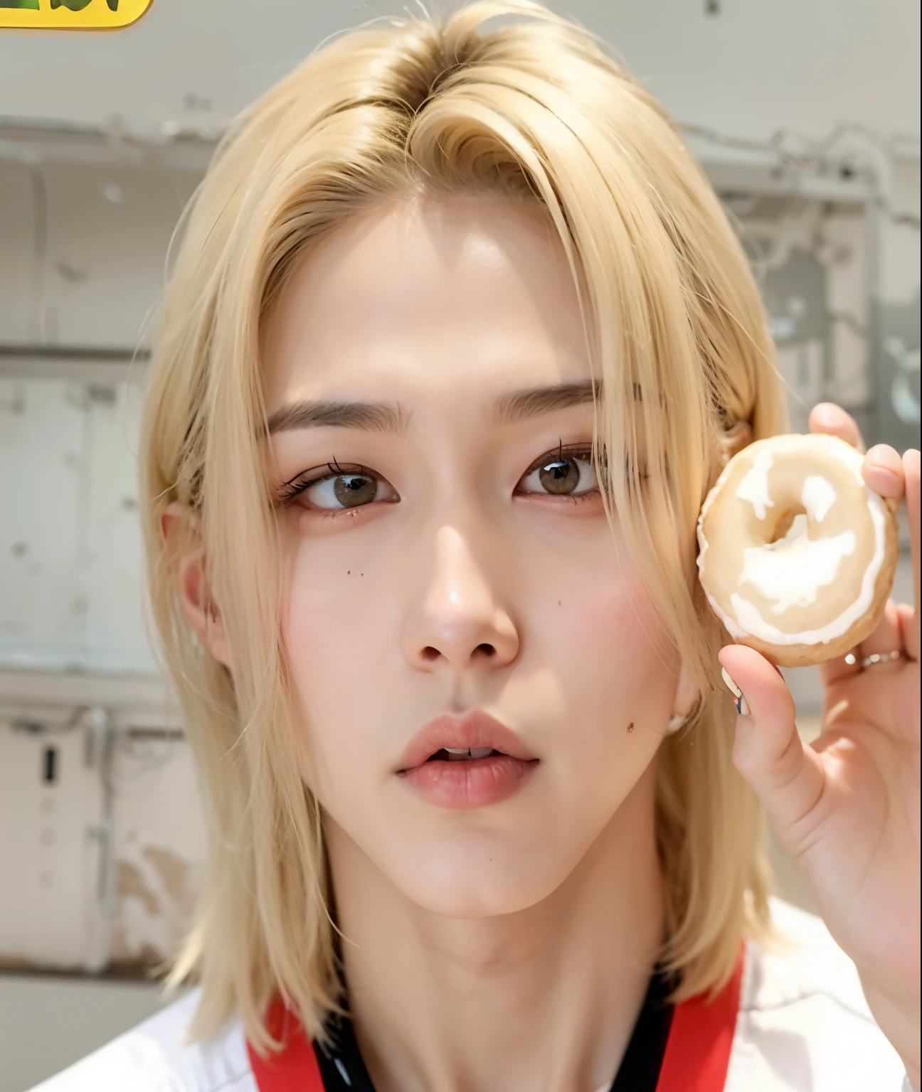 homem loiro segurando um donut na frente do rosto, adorable and pale korean face, Lee Felix, Lee Felix, Lee Felix\the full lips, Lee Felix, lee felix, Lee Felix face, Lee Felix, Lee Felix, todos do grupo nct, Lee Felix, Lee Felix, right eyelid is swollen