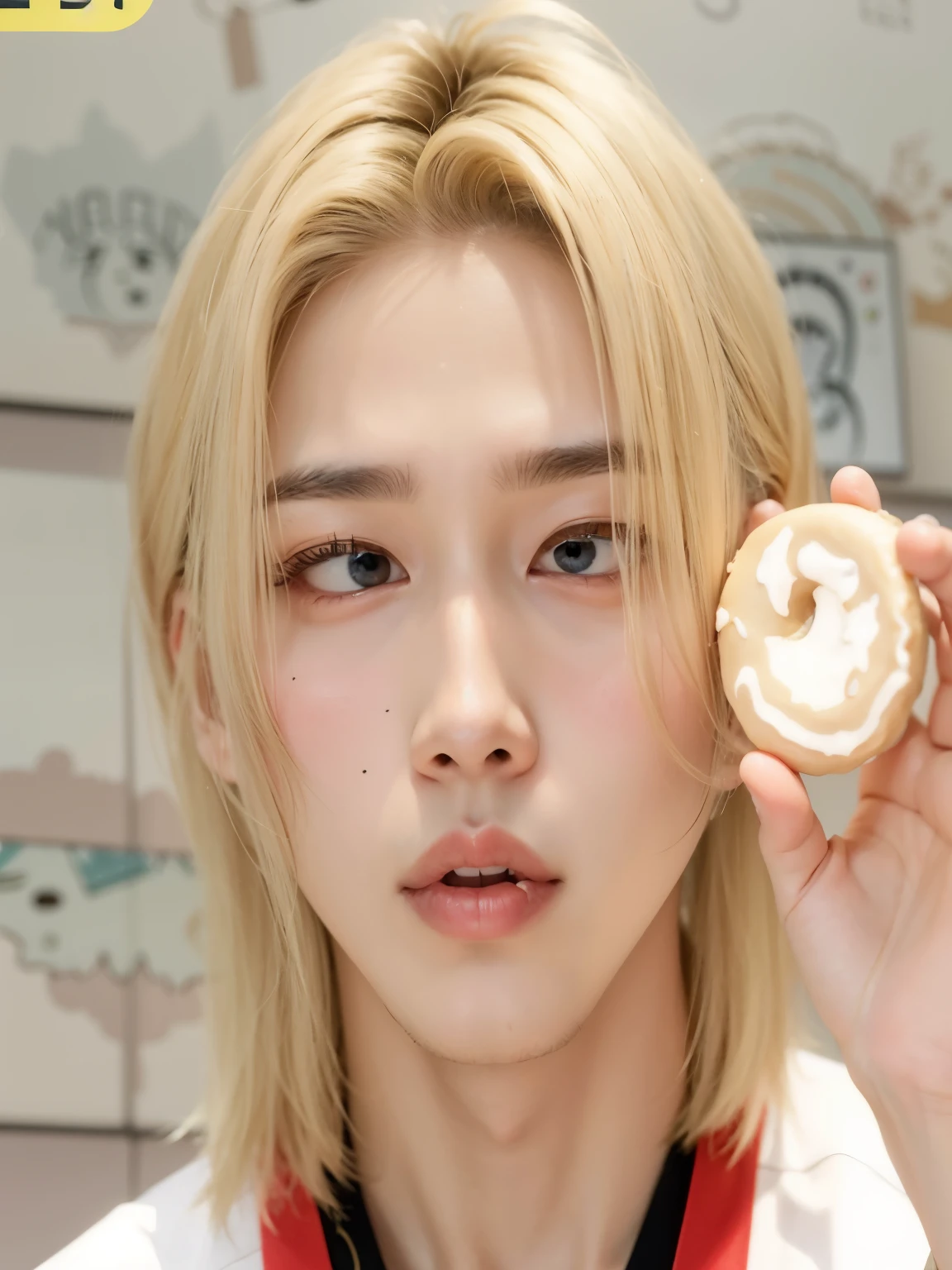 homem loiro segurando um donut na frente do rosto, adorable and pale korean face, cai xukun, Lee Felix, Fleshy lips, Lee Felix, Lee Felix, accurate Lee Felix face, sakimichan, Lee Felix, todos do grupo nct, Lee Felix, Lee Felix, Lee Felix, right eyelid is swollen