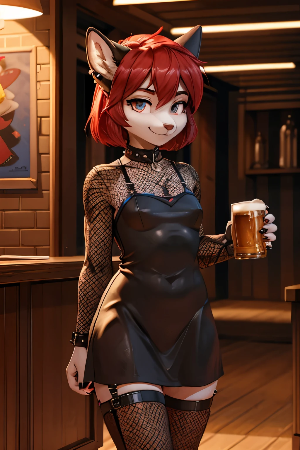 young girl, red hair, 18 years old, small breasts, small biotype, bob hair, tattoed arms, black tattos, piercings in face, , black dress, black letter dress, short dress, punk dress, wearing fishnet stockings, black boots, smiling, in a ballad, looking at viewer, holding beer cup, 4k, masterpiece
