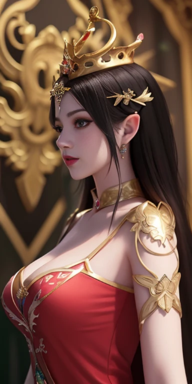 a close up of a woman in a red dress with a gold crown, a beautiful fantasy empress, ((a beautiful fantasy empress)), beautiful and elegant elf queen, fantasy art style, trending on cgstation, 8k high quality detailed art, anime goddess, portrait knights of zodiac girl, fantasy woman, digital fantasy art ), 4 k detail fantasy