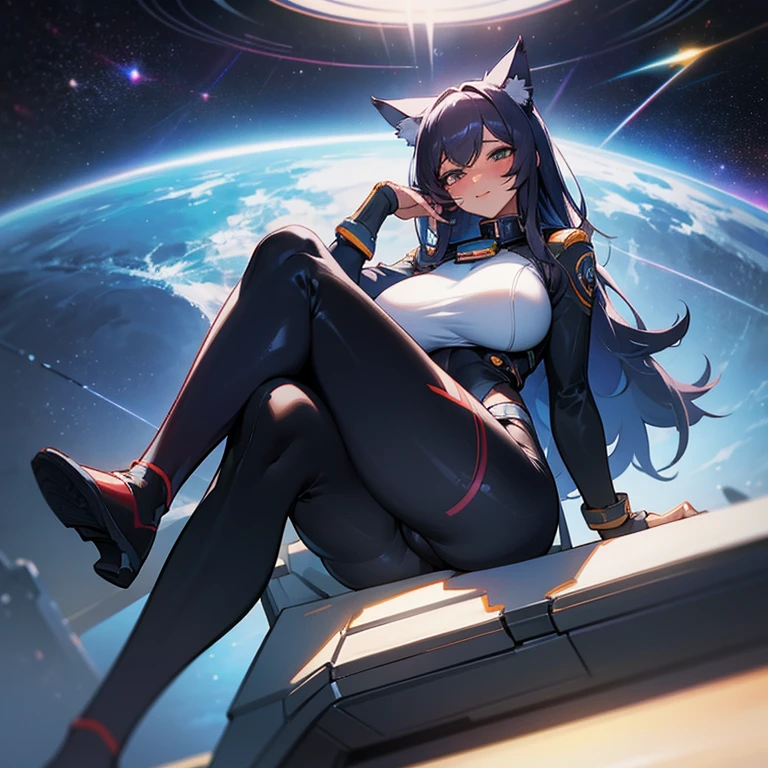 Sexy ass, waifu tight tights, waifu breasts, big breasts, legs crossed, sitting position, catgirl, space, space captain, sexy waifu space captain, sexy waifu ass, furry, glasses