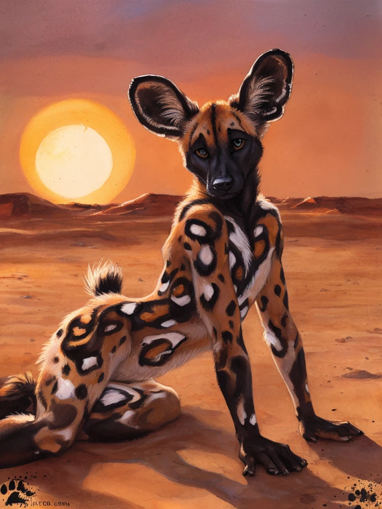 solo, anthro, African Wild Dog, feminine body, shy, male, shaggy fur, tail, beautiful eyes, perfect eyes, symmetrical eyes, (black retinas:1.2), detailed background, sahara desert background, dusk, photorealistic, ultra realistic, 8k, (by blotch), setting sun, laying on side, sexy pose