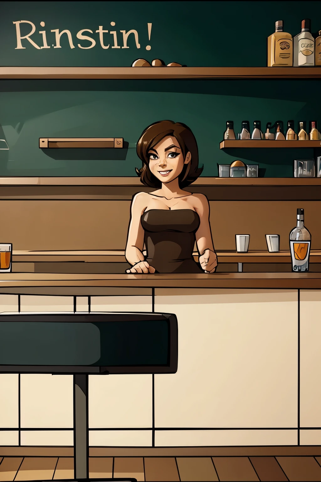 black and white, a woman, full body, smile, black tanktop, black pant, drink a beer in a pub  <lora:Nila-Telepurte1024-000130:0.8>