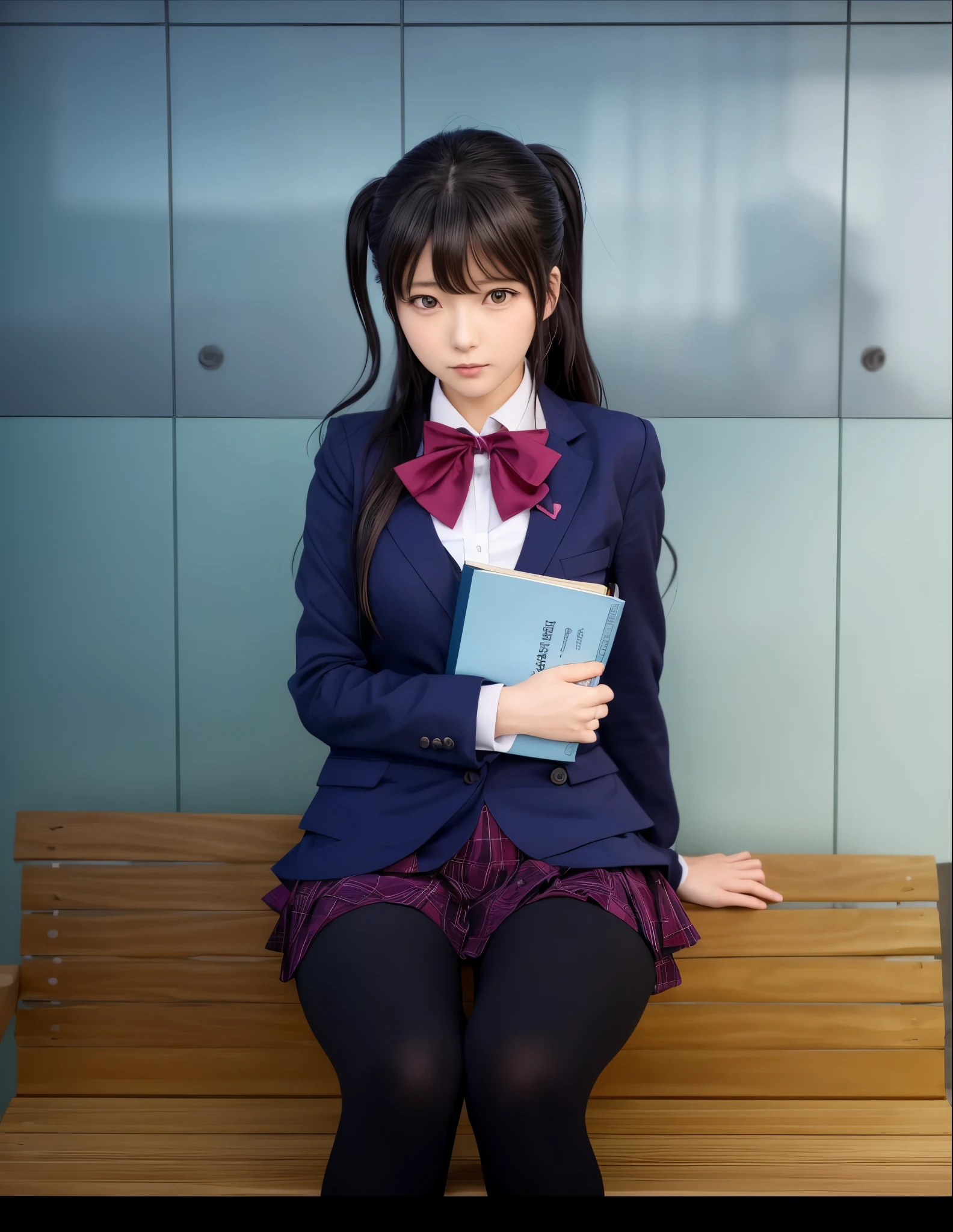 anime girl sitting on a bench with a book in her hand, misato katsuragi, chiaki nanami from danganronpa, hinata hyuga, beautiful anime high school girl, akane owari danganronpa, iwakura lain, anime visual of a young woman, anime visual of a cute girl, magical school student uniform