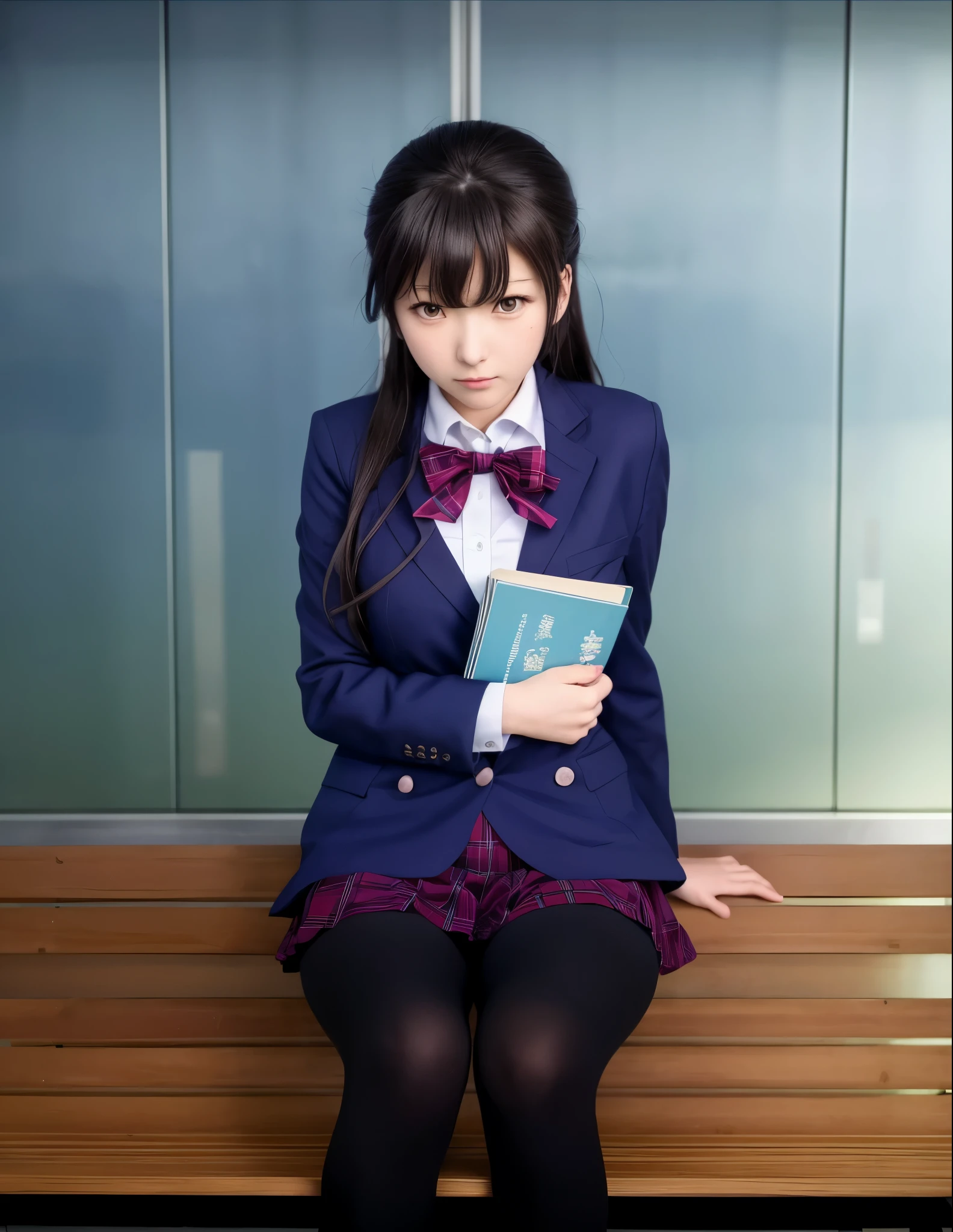 anime girl sitting on a bench with a book in her hand, misato katsuragi, chiaki nanami from danganronpa, hinata hyuga, beautiful anime high school girl, akane owari danganronpa, iwakura lain, anime visual of a young woman, anime visual of a cute girl, magical school student uniform