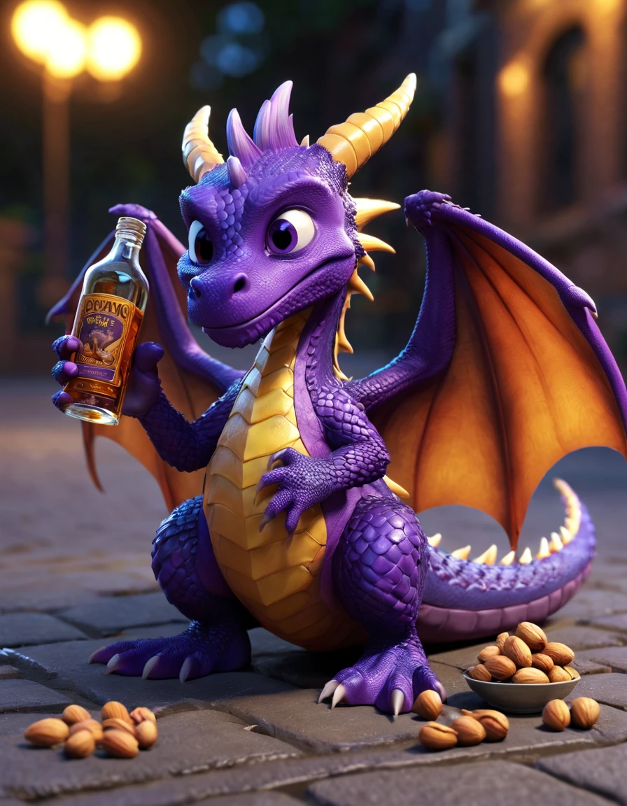 purple dragon sitting on the sidewalk holding a glass bottle of liquor at night, 2-wings, spyro the dragon, glass-liquor-bottle, bowl of berries and nuts, spyro, very cute purple dragon, trending on polycount, hyper real render, a baddass dragon, ultra realistic 3d illustration, 8k render”, super detailed color lowpoly art, pixar octane render, super detailed render, pouty look :: octane render high saturation